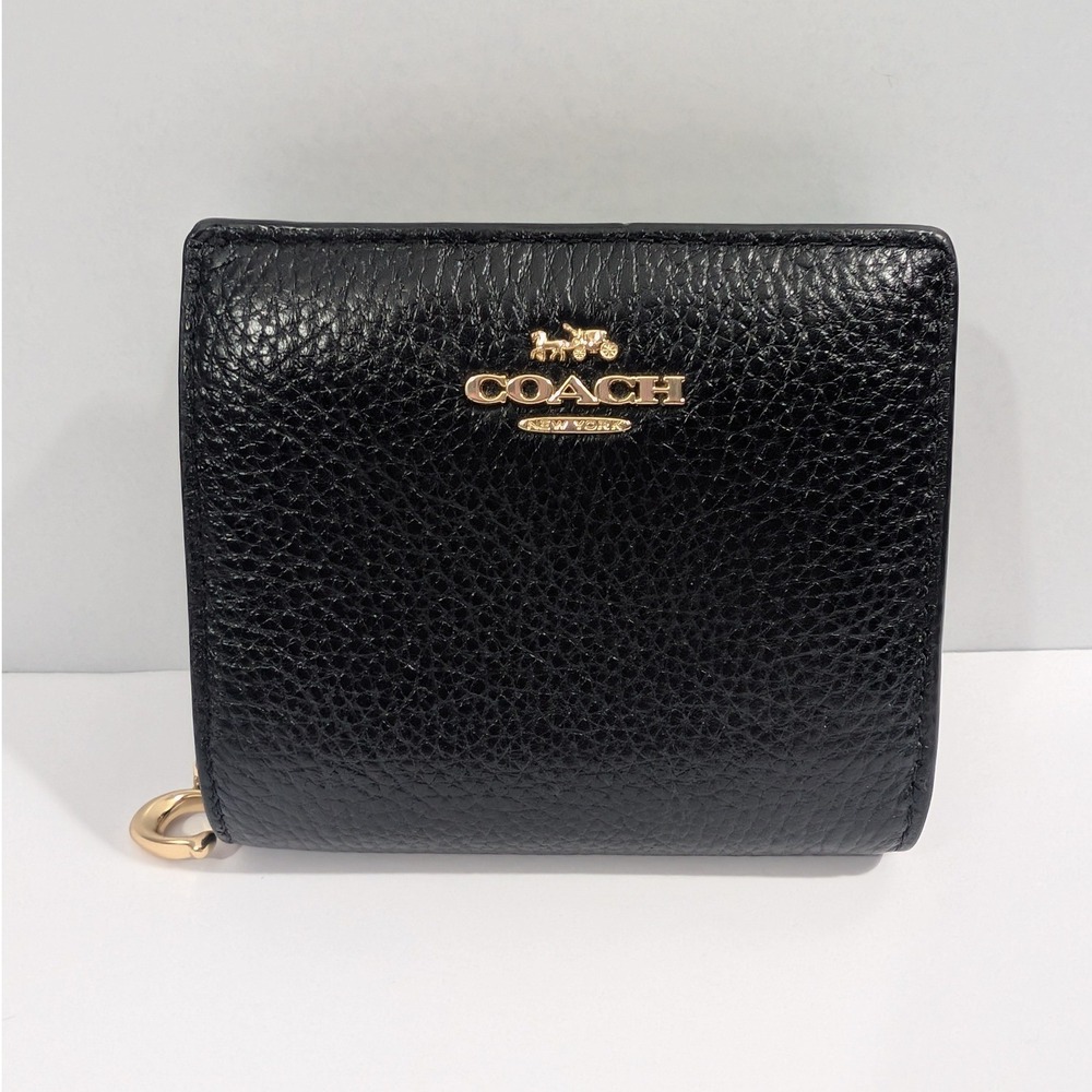 Coach Black Pebbled Leather Small Snap Wallet Gold Tone Hardware C Logo Charm